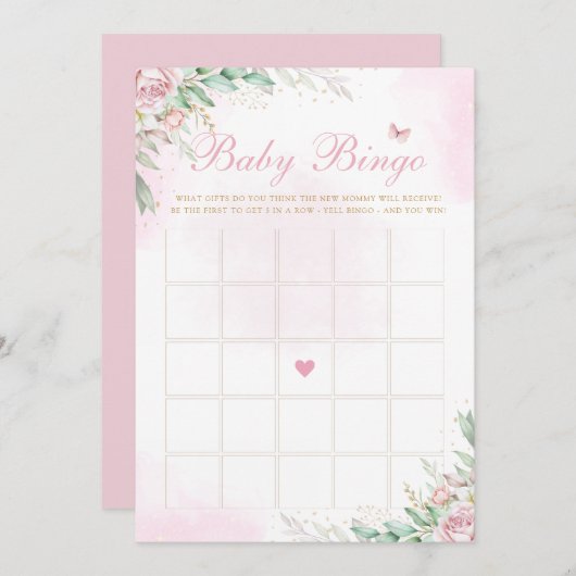 Pink Watercolor Floral Baby Dusche Bingo Spiel Einladung (Vorne/Hinten)