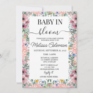 Pink Watercolor Floral Baby in Bloom Baby Dusche Einladung