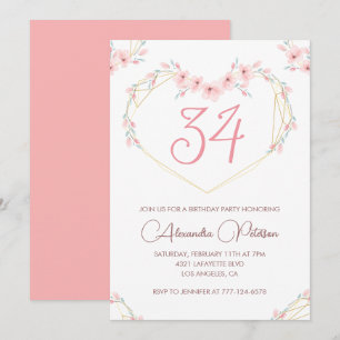 Pink Watercolor Floral Boho 34. Geburtstag  Einladung