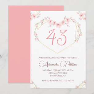 Pink Watercolor Floral Boho 43. Geburtstag  Einladung