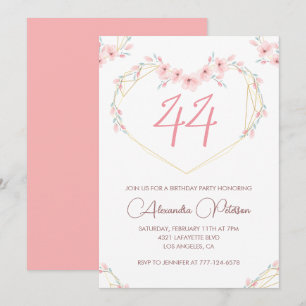 Pink Watercolor Floral Boho 44. Geburtstag Einladung