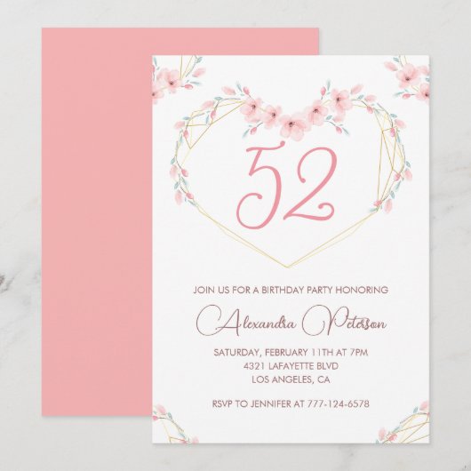 Pink Watercolor Floral Boho 52 Geburtstag Einladung (Vorne/Hinten)
