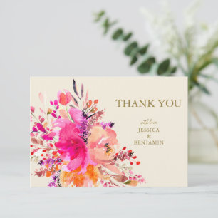 Pink Watercolor Floral Bouquet Custom Wedding Flat Dankeskarte