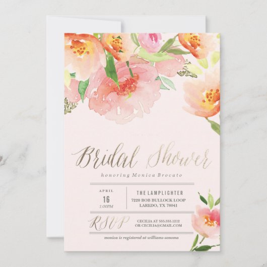 PINK WATERCOLOR FLORAL Brautdusche Einladung (Vorderseite)