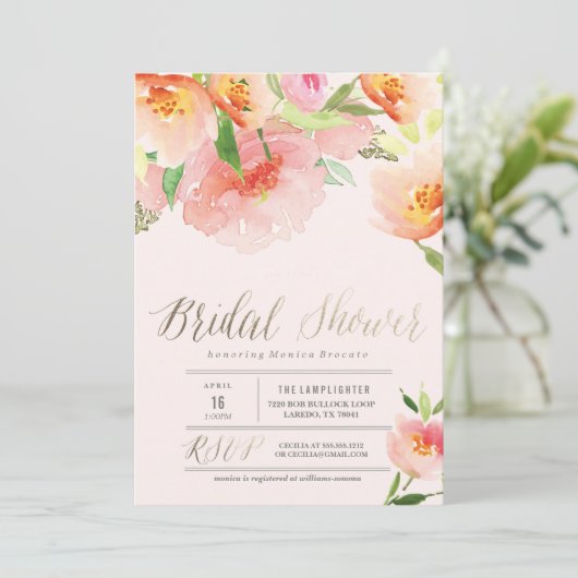 PINK WATERCOLOR FLORAL Brautdusche Einladung (Stehend Vorderseite)