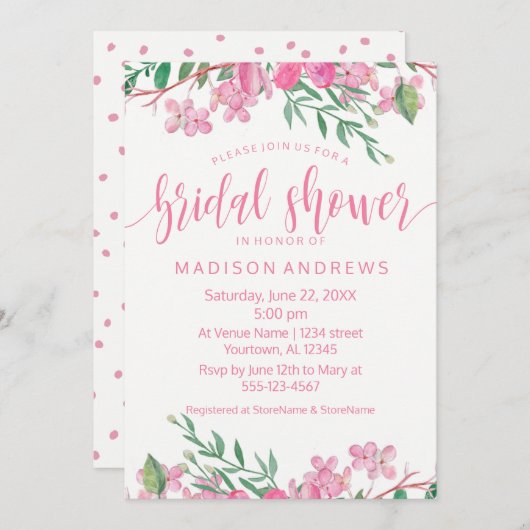 Pink Watercolor Floral Bridal Shower Einladung (Vorne/Hinten)