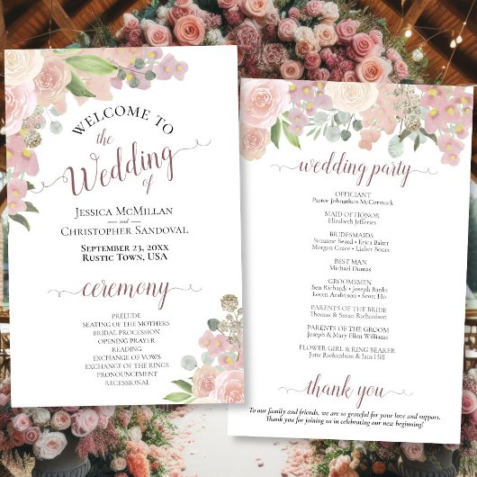 Pink Watercolor Floral Budget Hochzeitsprogramm
