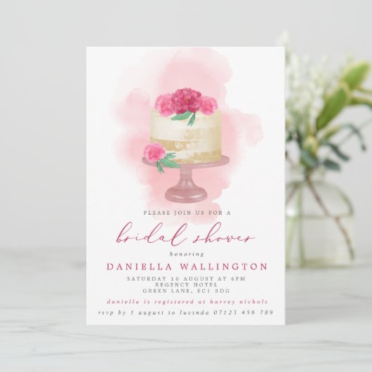 Pink Watercolor Floral Cake Bridal Einladung (Stehend Vorderseite)