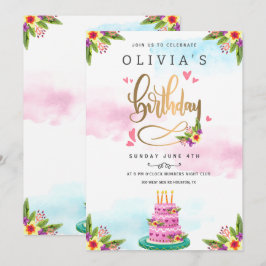 Pink Watercolor Floral Cake Geburtstag Einladung