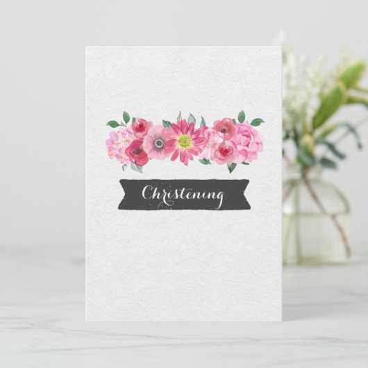 Pink Watercolor Floral Christening Einladung (Stehend Vorderseite)