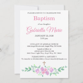 Pink Watercolor Floral Cross Baptism Invitation Einladung