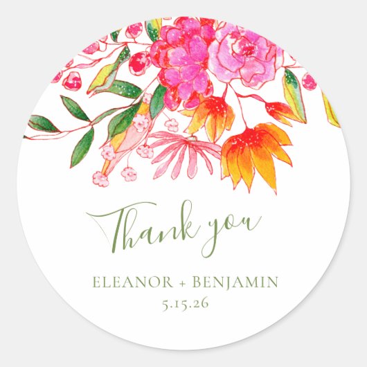 Pink Watercolor Floral Custom Wedding Danke Runder Aufkleber (Vorderseite)