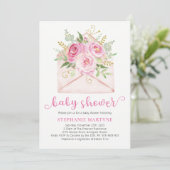 Pink Watercolor Floral Envelope Babydusche Einladung (Stehend Vorderseite)