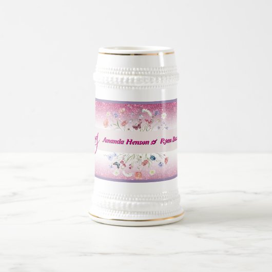 Pink Watercolor Floral Flower Wedding Bierglas (Mittel)