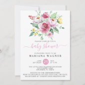 Pink Watercolor Floral Girl Babydusche Einladung (Vorderseite)