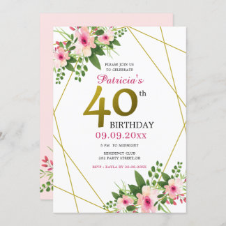 Pink Watercolor Floral Gold Glitzer 40. Geburtstag Einladung