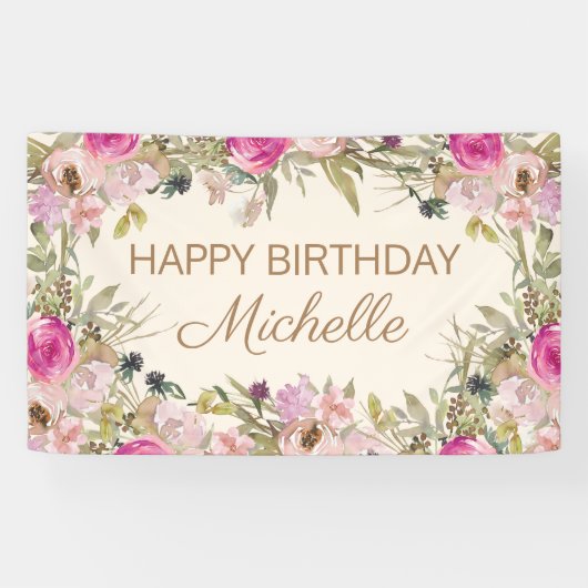 Pink Watercolor Floral Happy Birthday Banner (Horizontal)