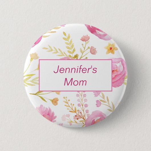 Pink Watercolor Floral ID Kinderdusche Button (Vorderseite)