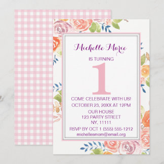 Pink Watercolor Floral Kariert erster Geburtstag Einladung