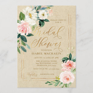 Pink Watercolor Floral Kraft Rustikales Brautparty Einladung
