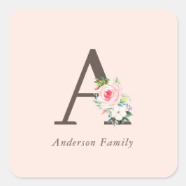 Pink Watercolor Floral Monogram Quadratischer Aufkleber