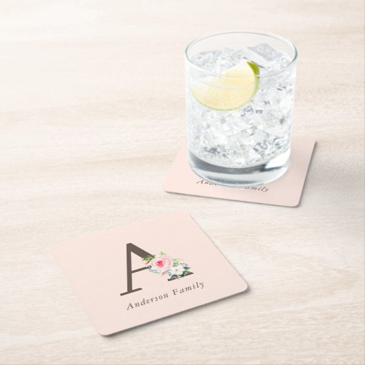 Pink Watercolor Floral Monogram Rechteckiger Pappuntersetzer (Vor Ort)