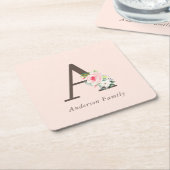 Pink Watercolor Floral Monogram Rechteckiger Pappuntersetzer (angewinkelt)