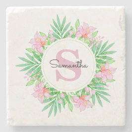 Pink Watercolor Floral Monogram Steinuntersetzer