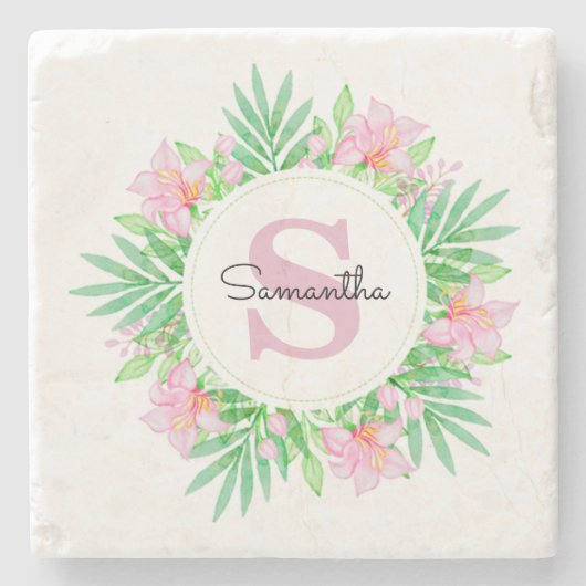 Pink Watercolor Floral Monogram Steinuntersetzer (Vorderseite)
