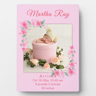 Pink Watercolor Floral New Baby Foto Plaque Fotoplatte