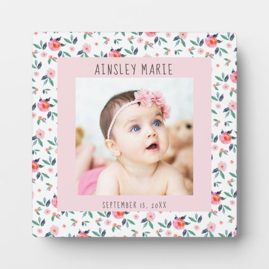 Pink Watercolor Floral New Baby Girl Foto Fotoplatte (Vorderseite)