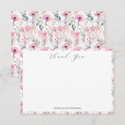 Pink Watercolor Floral Pattern Vielen Dank Dankeskarte (Vorne/Hinten)