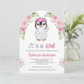 Pink Watercolor Floral Penguin Baby Shower Einladung (Stehend Vorderseite)