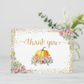 Pink Watercolor Floral Pumpkin Fall Danke Karte (Stehend Vorderseite)