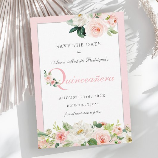 Pink Watercolor Floral Quinceañera Save the Date