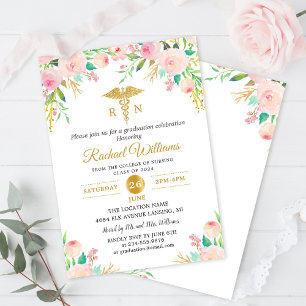 Pink Watercolor Floral RN Nurse Graduation Party Einladung