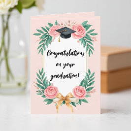 Pink Watercolor Floral Roses Graduation Cap Karte