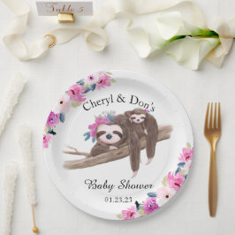 Pink Watercolor Floral Sloth Babydusche Pappteller