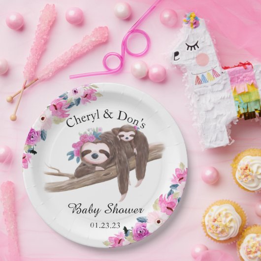 Pink Watercolor Floral Sloth Babydusche Pappteller (Party)