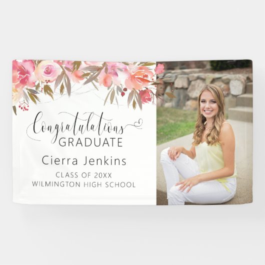 Pink Watercolor Floral String Light Abschluss Banner (Horizontal)
