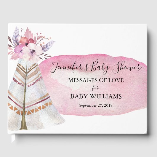Pink Watercolor Floral Tribal Teepee Baby Dusche Gästebuch (Vorderseite)