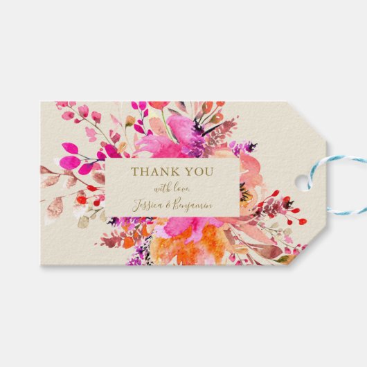 Pink Watercolor Floral Wedding Custom Vielen Dank Geschenkanhänger (Vorderseite (Horizontal))