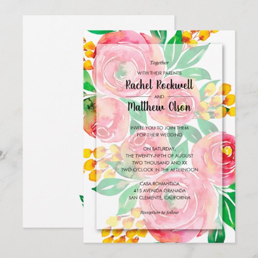Pink Watercolor Floral Wedding Einladung (Vorne/Hinten)