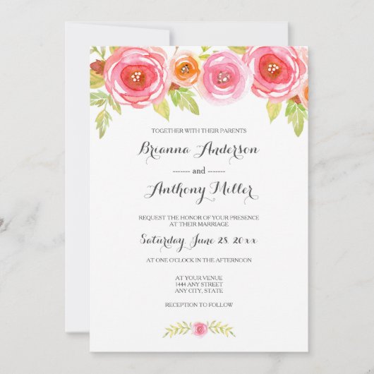 Pink Watercolor Floral Wedding Einladung 3605 (Vorderseite)