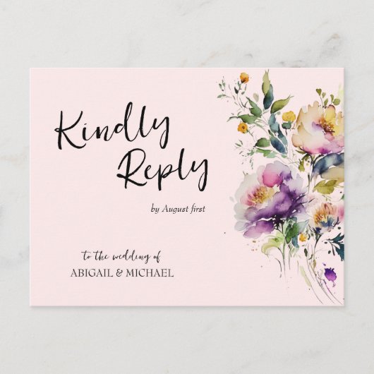 Pink Watercolor Floral Wedding RSVP Postcard Postkarte (Vorderseite)
