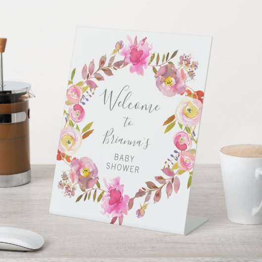 Pink Watercolor Floral Wreath Baby Dusche Sockelschild (In SItu)