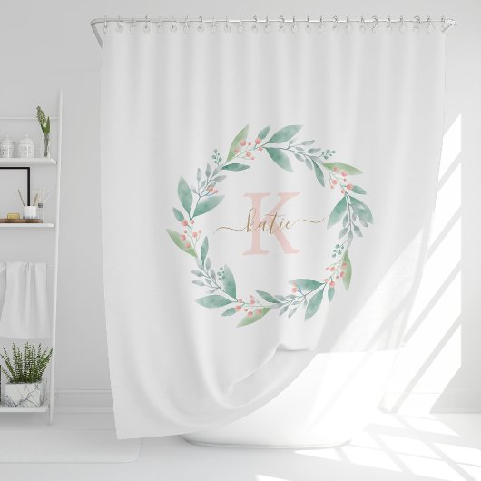 Pink Watercolor Floral Wreath Monogram Duschvorhang