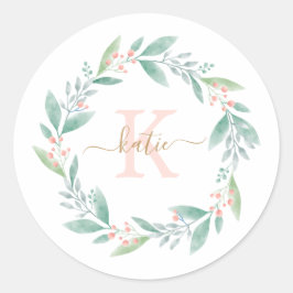 Pink Watercolor Floral Wreath Monogram Runder Aufkleber