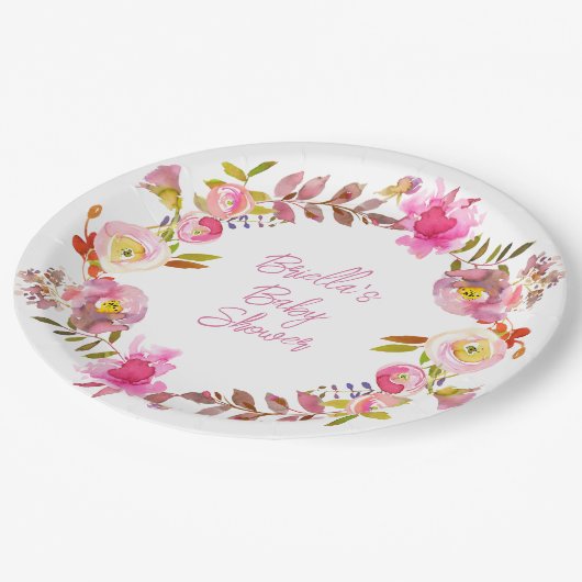 Pink Watercolor Floral Wreath Pappteller (Schrägansicht)