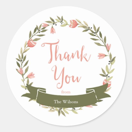 Pink Watercolor Floral Wreath Vielen Dank Runder Aufkleber (Vorderseite)